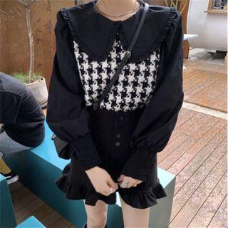 Long-sleeve Ruffled Houndstooth Panel Blouse / Mini Pencil Skirt / Shorts