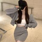 Zip-up Cropped Hoodie / Plain Crop Tank Top / Mini Pencil Skirt