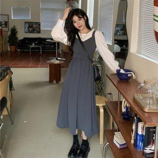Plain Midi A-line Overall Dress / Long-sleeve Top