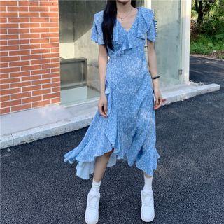 Short-sleeve Asymmetrical Ruffle Trim Midi Dress