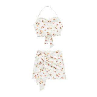 Halter Floral Cropped Camisole Top / Mini A-line Skirt