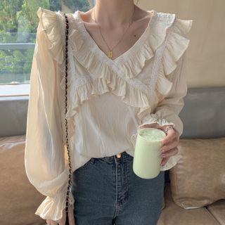 Ruffle Trim V-neck Blouse Almond - One Size