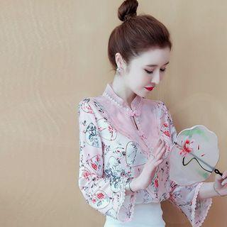 Long-sleeve Floral Qipao Blouse