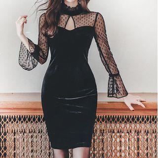 Semi High-neck Velvet Dotted Mesh Dress
