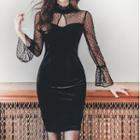 Semi High-neck Velvet Dotted Mesh Dress