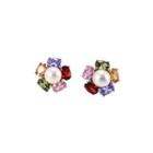 Sterling Silver Fashion And Elegant Colored Flowers White Freshwater Pearl Stud Earrings With Cubic Zirconia Silver - One Size