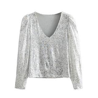 Long-sleeve Sequined V-neck Blouse