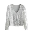 Long-sleeve Sequined V-neck Blouse