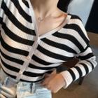 V-neck Long-sleeve Stripe Cardigan Black - One Size