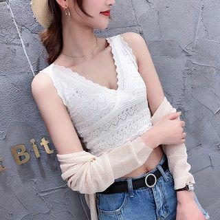 Sleeveless V-neck Cropped Pointelle Knit Top