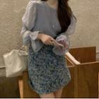 Puff-sleeve Mesh Blouse / Floral Print A-line Skirt