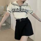 Short-sleeve Lapel Contrast Trim Knit Top / High-waist Plain A-line Mini Skirt