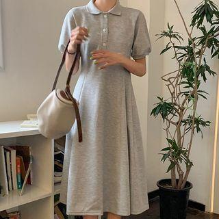 Puff-sleeve Midi A-line Polo Dress