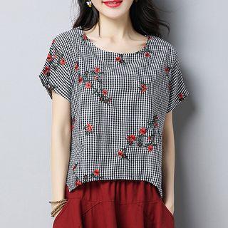 Flower Embroidered Plaid Short Sleeve T-shirt