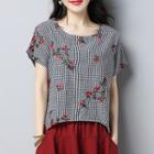Flower Embroidered Plaid Short Sleeve T-shirt