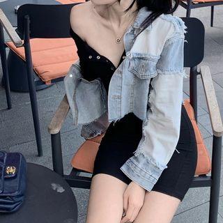 Color Block Cropped Denim Jacket