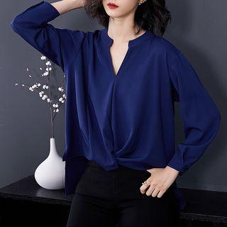 Long-sleeve Front Knot Chiffon Blouse