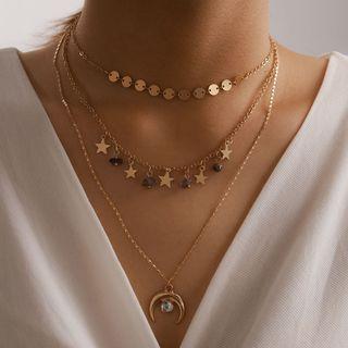 Star Crescent Pendant Layered Necklace 15527 - Gold - One Size