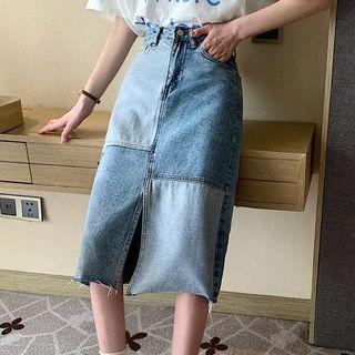 Washed Paneled Midi A-line Denim Skirt