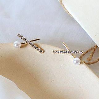 925 Sterling Silver Faux Pearl Rhinestone Cross Stud Earring 1 Pair - S925 Sterling Silver Stud Earring - One Size