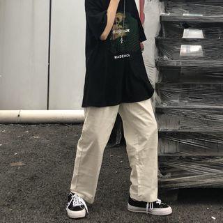 Plain Elastic Waist Straight-cut Pants