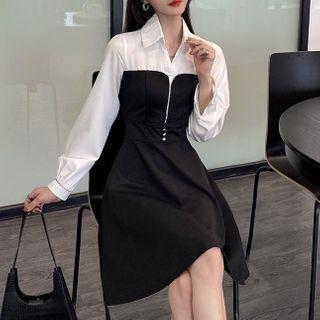 Two-tone Collared Rhinestone A-line Dress