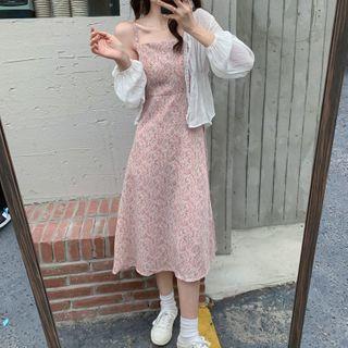 Set:sleeveless Floral Dress + Cardigan