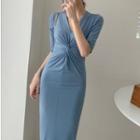 Plain V-neck Frill A-line Dress