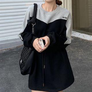 Long-sleeve Two-tone Drawstring Mini A-line Dress
