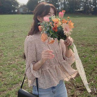 Bell-sleeve Floral Shirred Blouse Pink - One Size