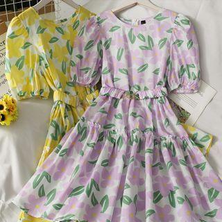 Puff-sleeve Printed Midi Dress With Belt