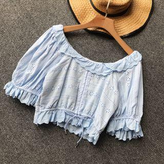 Elbow-sleeve Lace Drawstring Cropped Top White - One Size