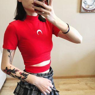 Mock-neck Moon Embroidered Short-sleeve Crop Top