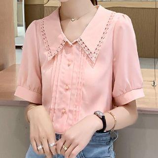 Crochet Trim Pintuck Short-sleeve Chiffon Blouse