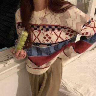 Pattern Sweater White & Khaki & Blue & Red - One Size