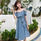 Off-shoulder Tie Waist Short-sleeve Dress