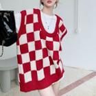 Check Knit Vest Red & White - One Size
