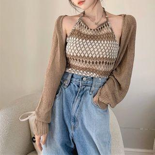 Set: Long-sleeve Knit Cardigan + Halter Argyle Top As Figure - One Size