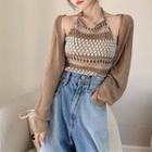 Set: Long-sleeve Knit Cardigan + Halter Argyle Top As Figure - One Size
