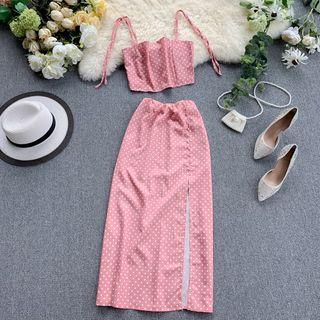 Set: Dotted Cropped Camisole Top + Side-slit Midi Straight-fit Skirt