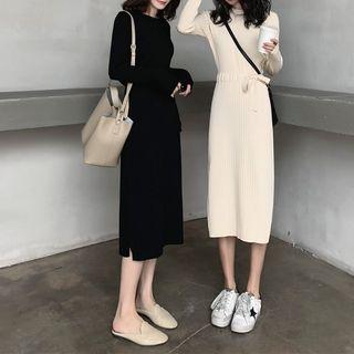 Tie-waist Midi Ribbed Knit Dress
