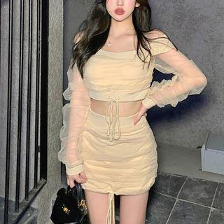 Off-shoulder Drawstring Crop Blouse / Pencil Skirt