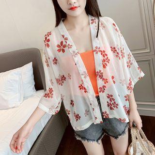 3/4-sleeve Floral Print Chiffon Jacket Floral - White - One Size