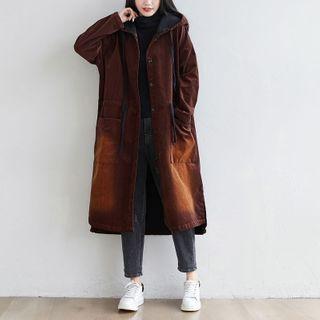 Washed Long Hooded Button Jacket Dark Coffee - One Size