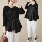 Long-sleeve Drawstring-waist Blouse Black - One Size