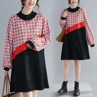 Color-block Semi High-neck Houndstooth Dress Black - One Size