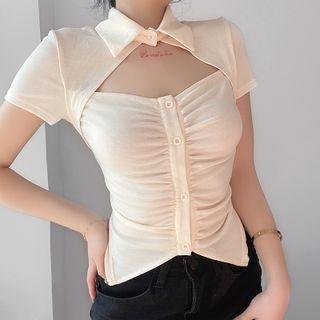 Short-sleeve Collar Cutout Button-up Knit Top