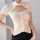 Short-sleeve Collar Cutout Button-up Knit Top
