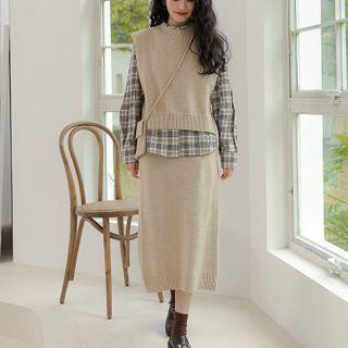 Set: Long-sleeve Plaid Shirt + Knit Vest + Midi Fitted Skirt