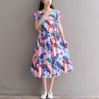Car Print Ruffle-sleeve A-line Dress